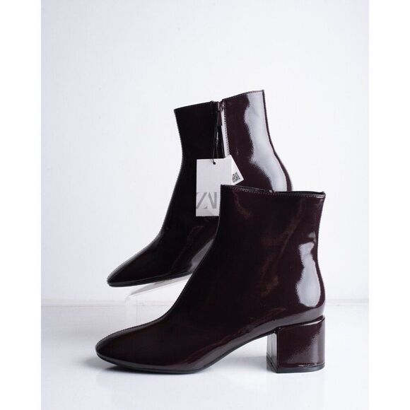 Zara Womens Ankle Boots Faux Patent US 8 EU 39 Round toe Burgundy 3129/410 NWT - Picture 5 of 8